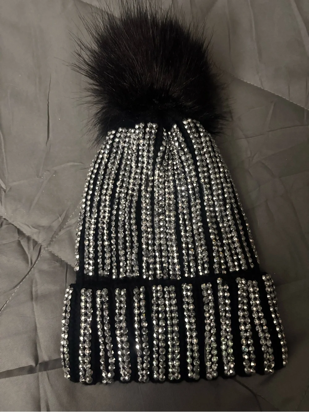 Black Rhinestone Pom Pom Beanie - Embellished Winter Hat- Pom Pom is removable